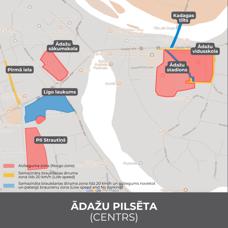  Koplietošanas transportlīdzekļu ātruma ierobežojuma zonas un novietošanas aizlieguma zonas Ādažu centrs