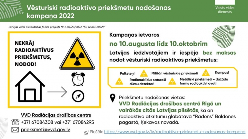 Iespēja bez maksas nodot vēsturiskos radioaktīvos priekšmetus Valsts vides dienesta Radiācijas drošības centrā Rīgā