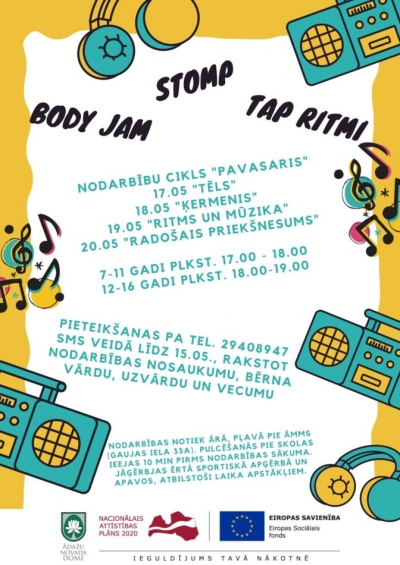 Body Jam, Stomp un Tap ritmu nodarbības Ādažu Mākslas un mūzikas skolas bērniem un jauniešiem jau no 17.maija ārtelpās