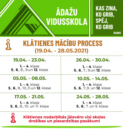 No 19. aprīļa daļēji atsāksies klātienes mācības Ādažu vidusskolā