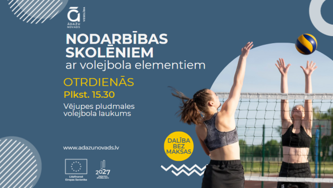 volejbola nodarbību plakāts ar laikiem
