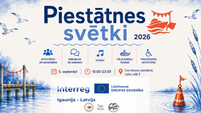 plakāts, kurā rakstīts, ka 5.septembrī Laivu ielā 2, Carnikavā, Piestātnes svētki