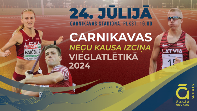 plakāts ar sportistiem, vēsta par Carnikavas Nēģu kausa izcīņu vieglatlētikā