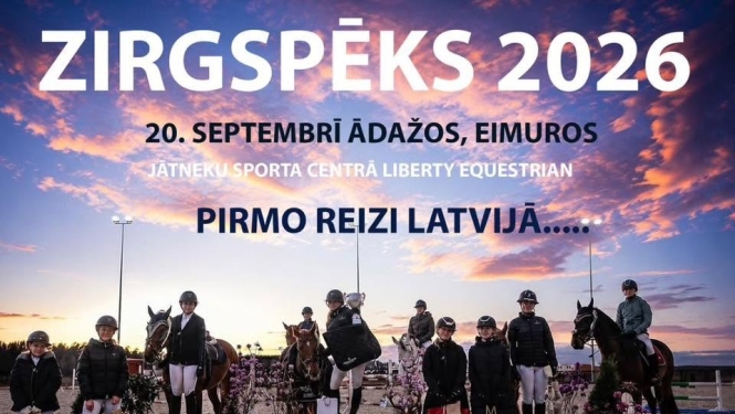 Pasākums Zirgspēks 2026 - jātnieki ar zirgiem saulrieta fonā