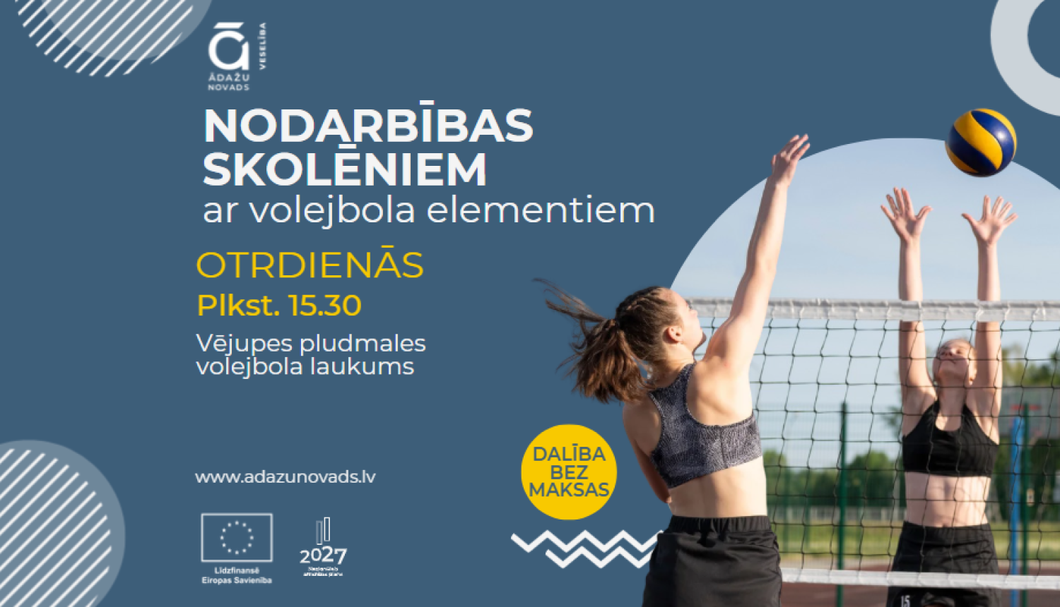 volejbola nodarbību plakāts ar laikiem