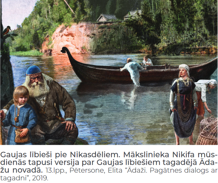 vēsturisks attēls ar senajiem lībiešiem pie upes un laivu upē