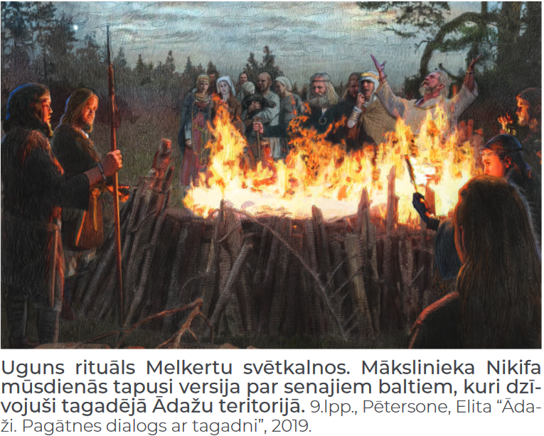vēsturisks attēls ar uguns rituālu, kur apkārt ugunskuram pulcējas cilvēki