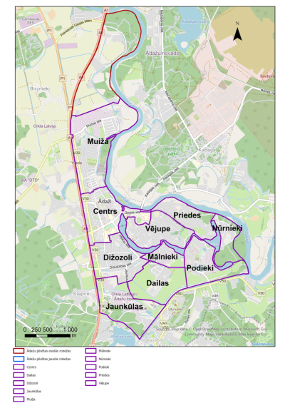 Ādažu pilsētas apkaimju iespējamās robežas 2025. gadā 