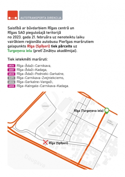 Latvijas Sabiedriskais autobuss: No 21. februāra pieturu “Rīga(Spīķeri)” uz Ģenerāļa Radziņa krastmalas pārbūves laiku pārcels pie Zinātņu akadēmijas