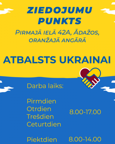Ziedojumu punkts Ukrainas civiliedzīvotājiem pieejams ziedotājiem katru darba dienu, iepriekš piesakoties