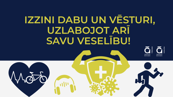 plakāts, uz kura attēlota sirds, cilvēciņš, kurš skrien ar hantelēm rokās, austiņas