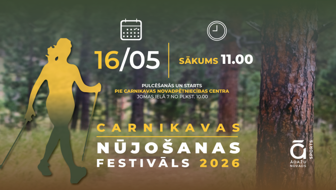 Carnikavas nūjošanas festivāls - nūjotāja siluets priežu meža fonā