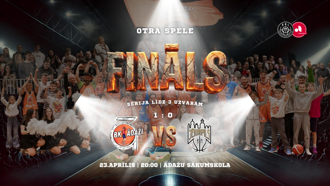 RBL fināls, komandu logotipi, fonā - Ādaži/Daily līdzjutēji