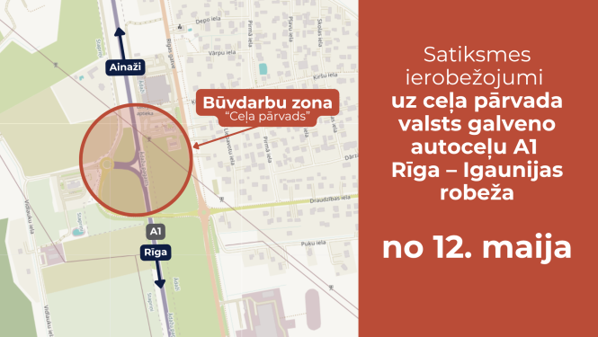 Ceļu remonotdarbu karte uz A1 šosejas pārvada 