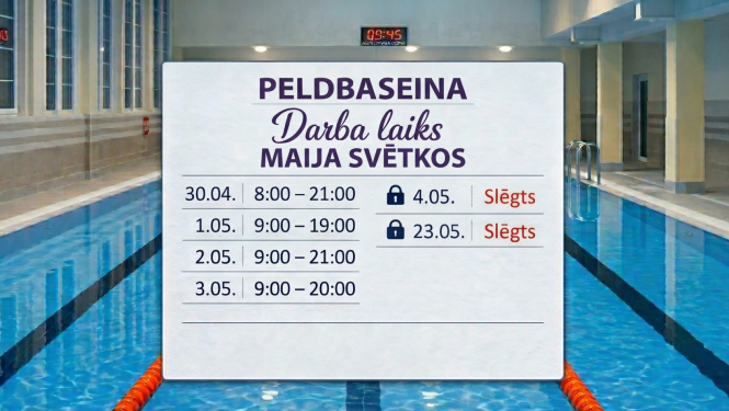 Darba laiks maija svētkos, fonā Ādažu peldbaseins