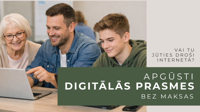 seniore, vīrietis un jaunietis smaidīdami skatās datorā