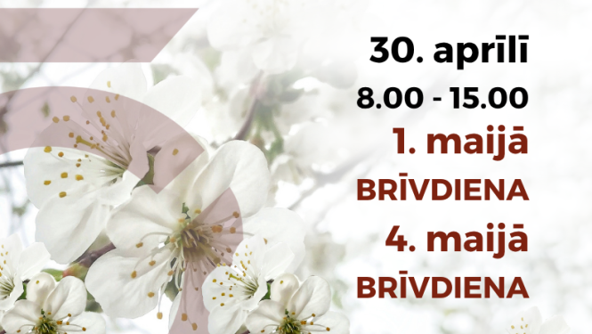 Darba laiks maija svētkos, fonā ziedi, Latvijas karogs un novada vizuālā identitāte