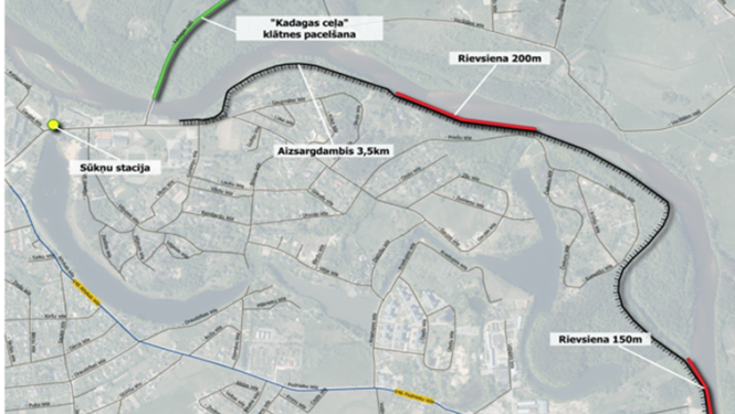 Attēls no tautsaimniecības analīzes Projekta “Jauna aizsargdambja un sūkņu stacijas izbūve, Gaujas upes kreisā krasta nostiprinājums” tehniskā risinājuma kartējums