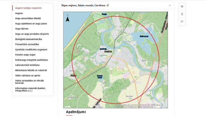Buferzona 3km rādiusā, kur konstatēta augu slimība