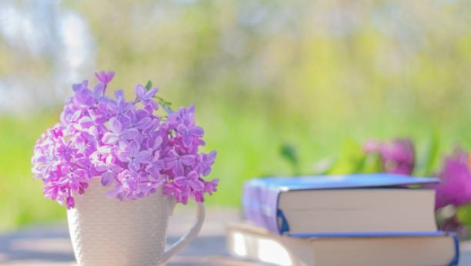 ziedošas puķes vāzē un grāmata uz galda