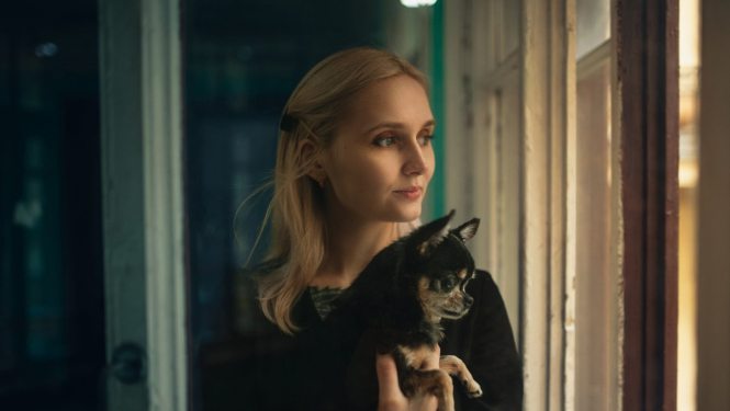 sieviete, suns, skats pa logu