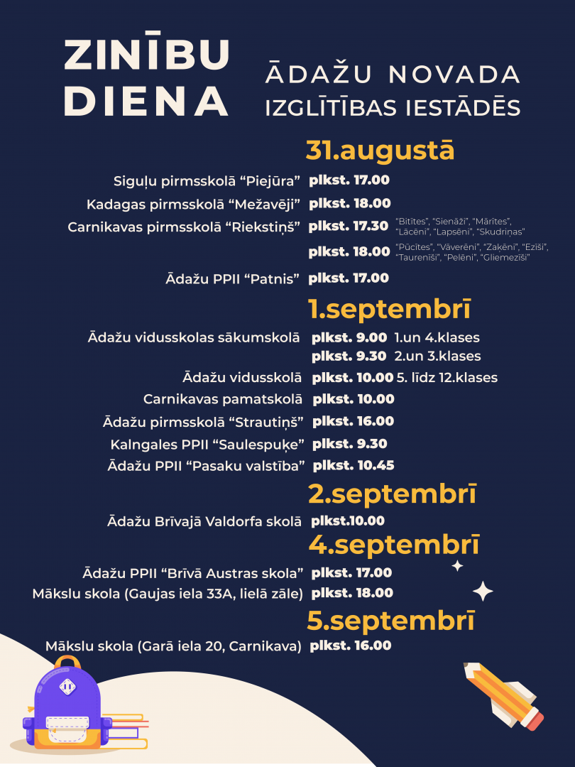 Zinību dienas norise Ādažu novadā, kalendārs