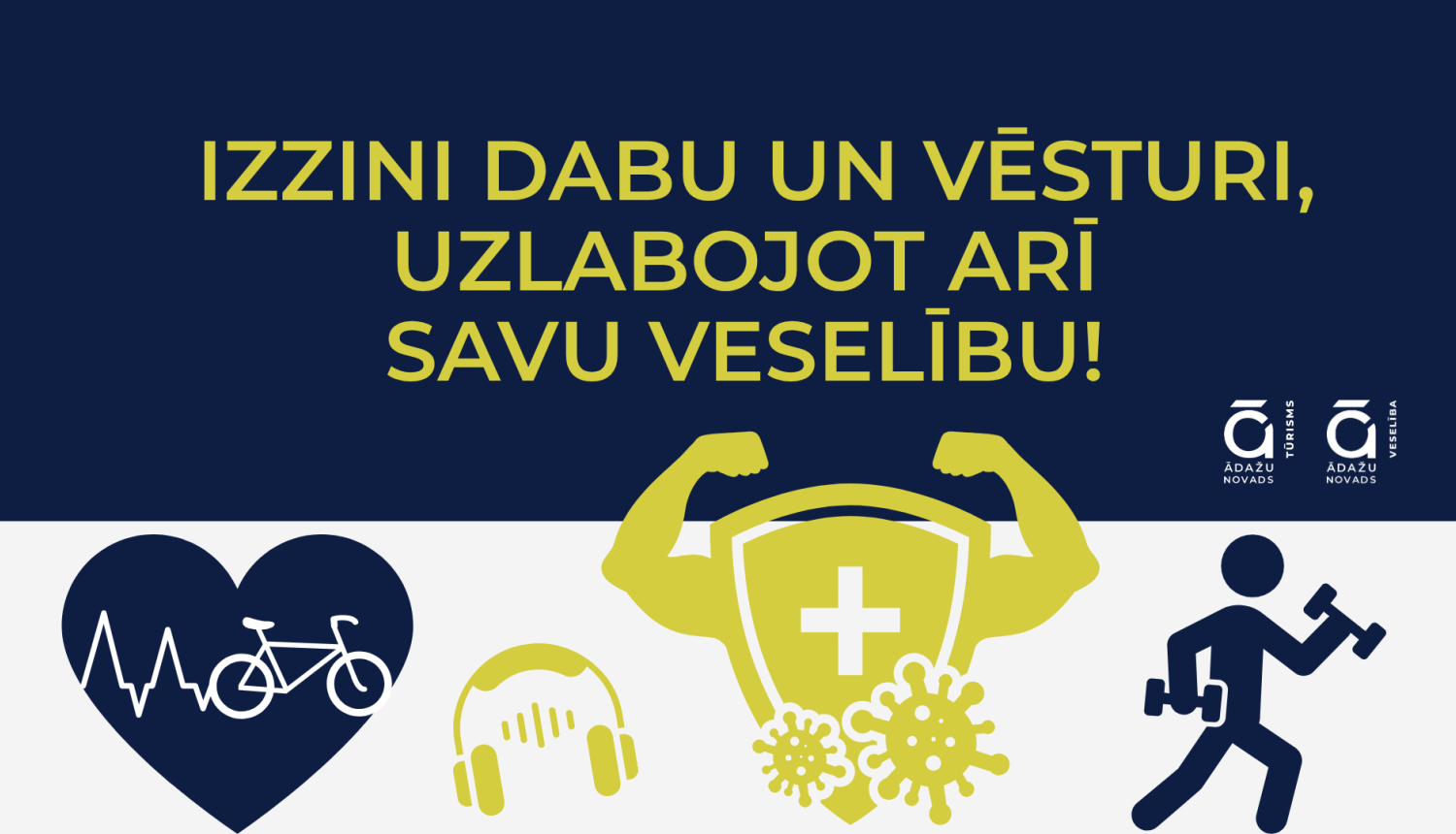 plakāts, uz kura attēlota sirds, cilvēciņš, kurš skrien ar hantelēm rokās, austiņas