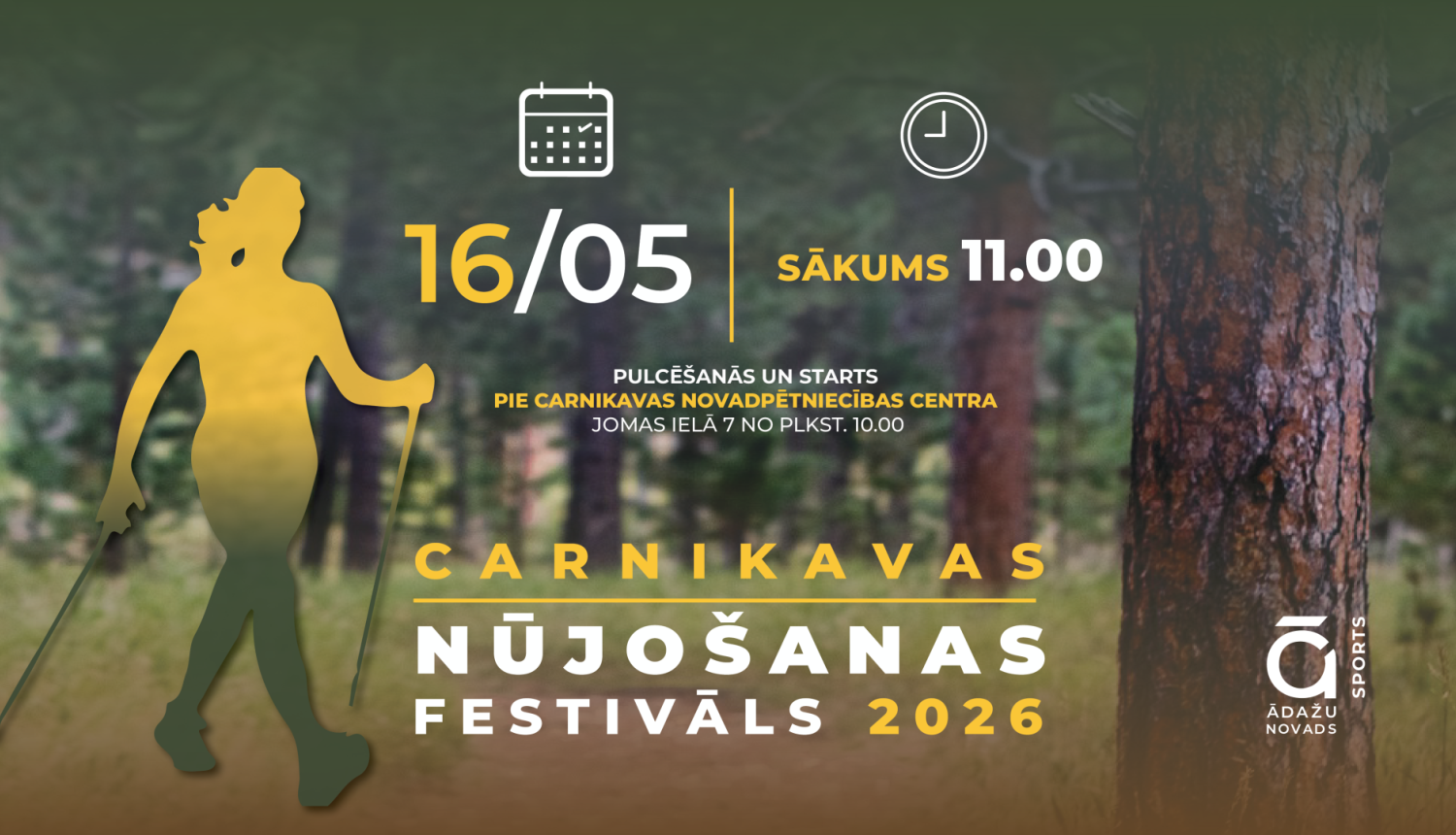 Carnikavas nūjošanas festivāls - nūjotāja siluets priežu meža fonā