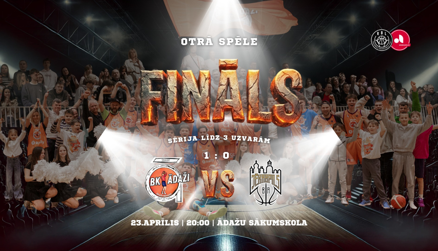 RBL fināls, komandu logotipi, fonā - Ādaži/Daily līdzjutēji
