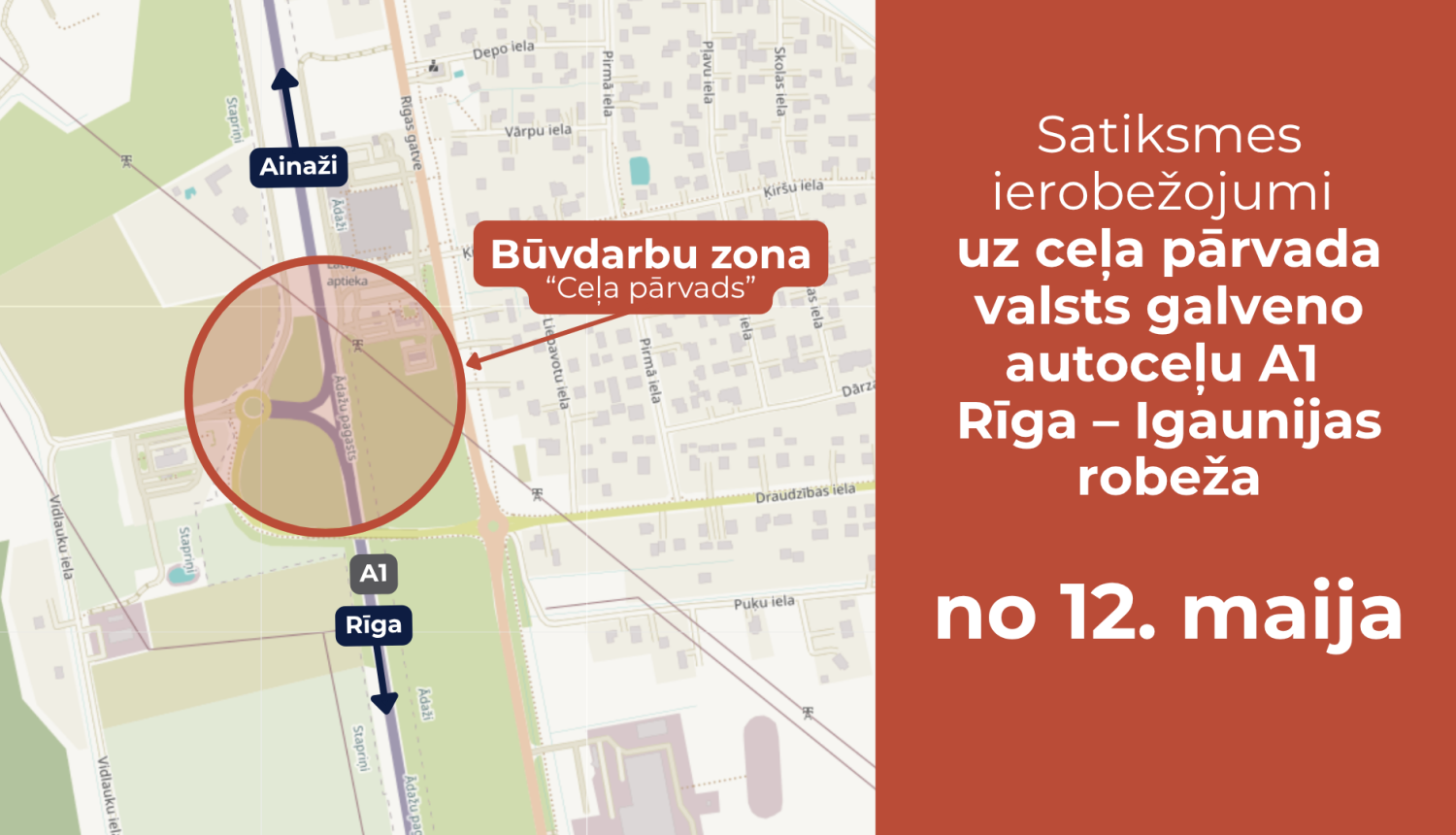 Ceļu remonotdarbu karte uz A1 šosejas pārvada 