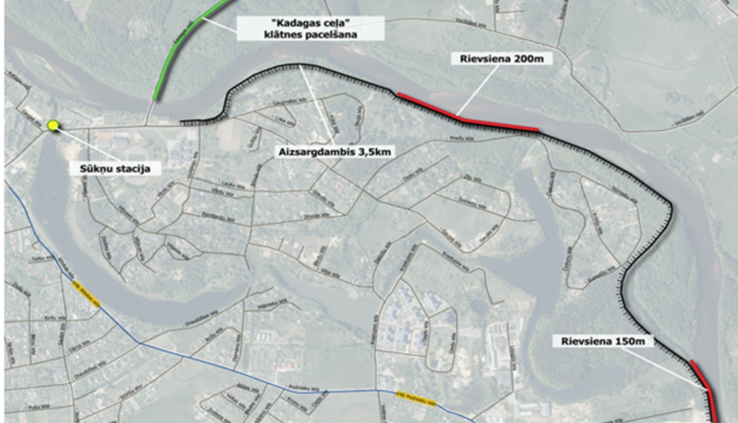 Attēls no tautsaimniecības analīzes Projekta “Jauna aizsargdambja un sūkņu stacijas izbūve, Gaujas upes kreisā krasta nostiprinājums” tehniskā risinājuma kartējums