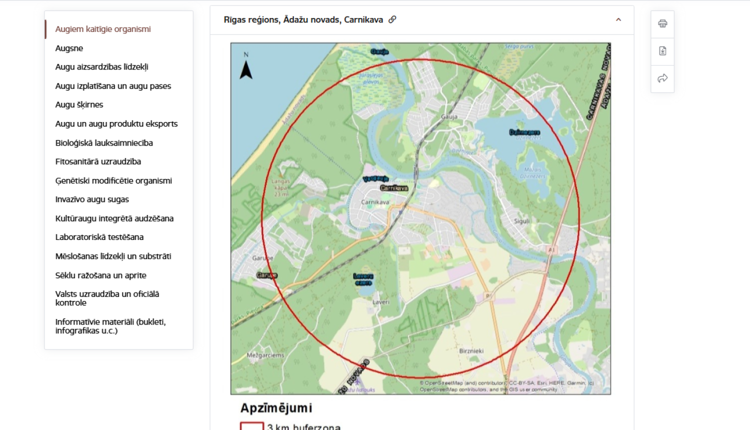 Buferzona 3km rādiusā, kur konstatēta augu slimība