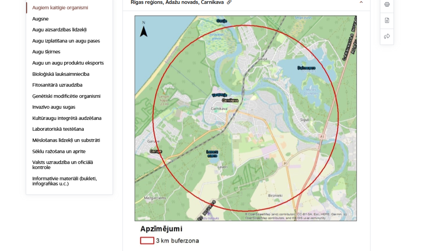 Buferzona 3km rādiusā, kur konstatēta augu slimība
