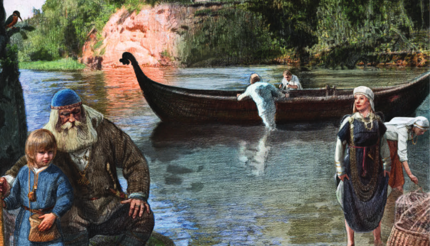 vēsturisks attēls ar senajiem lībiešiem pie upes un laivu upē